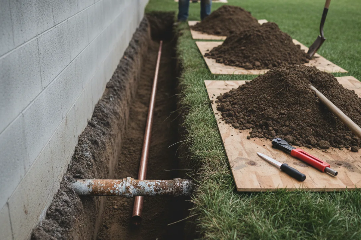 Excavated water line trench during Water Softener Installation in Jamestown